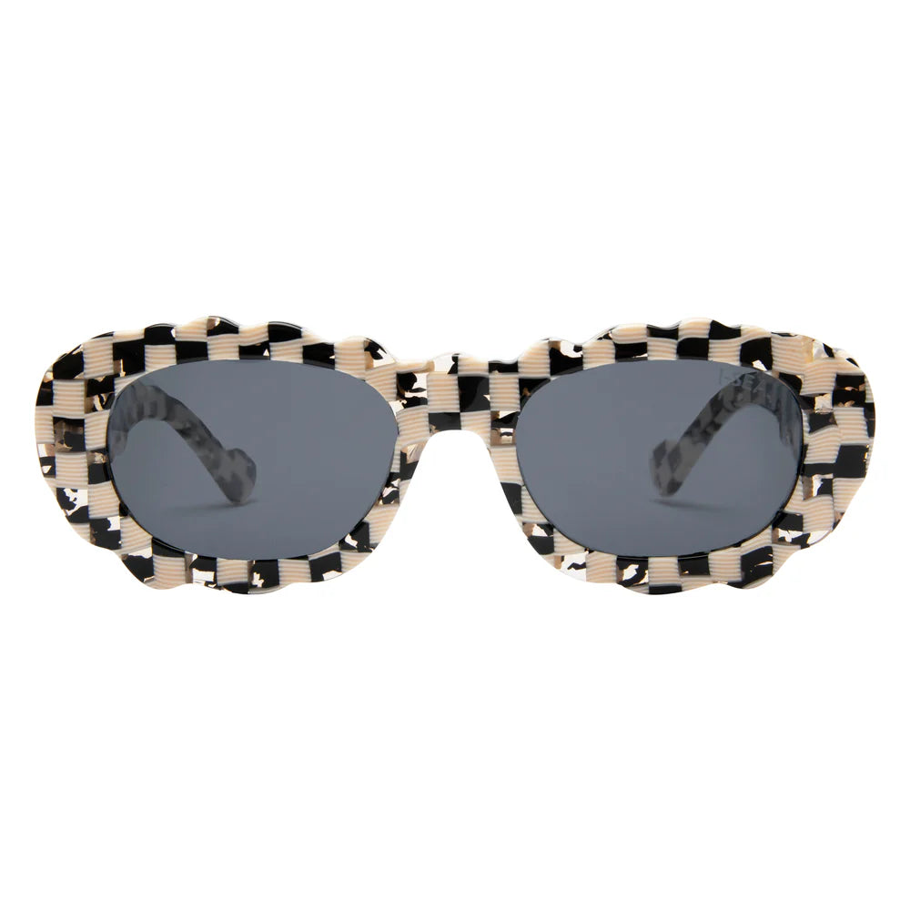 Sunglasses with checkered frame and dark lenses on a white background