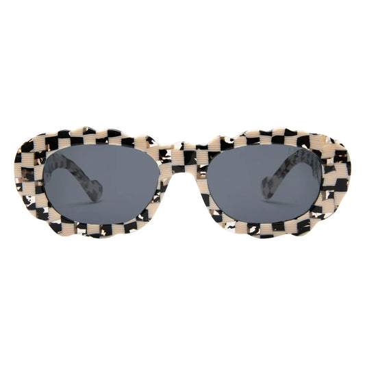 Sunglasses with checkered frame and dark lenses on a white background