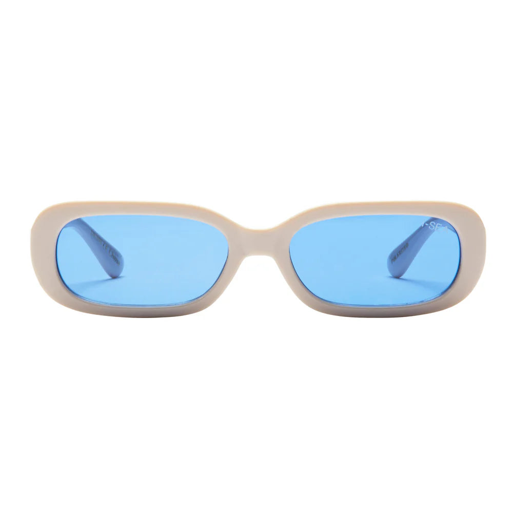 Beige sunglasses with blue lenses on a white background