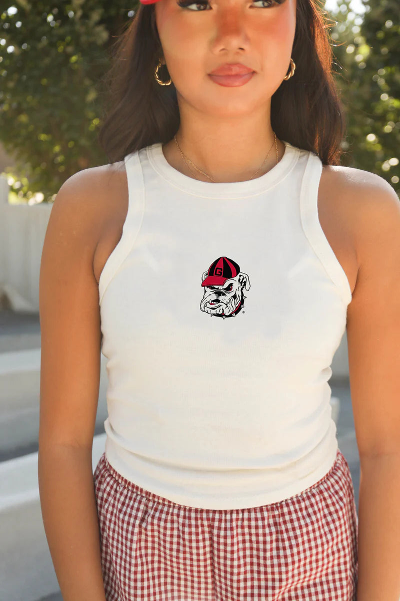 Dawgs Mascot Tank in white with minimal Georgia Bulldogs mascot graphic, styled casually.