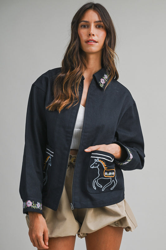 Black cotton zip-up jacket with western horse embroidery and floral stitched collar and cuffs