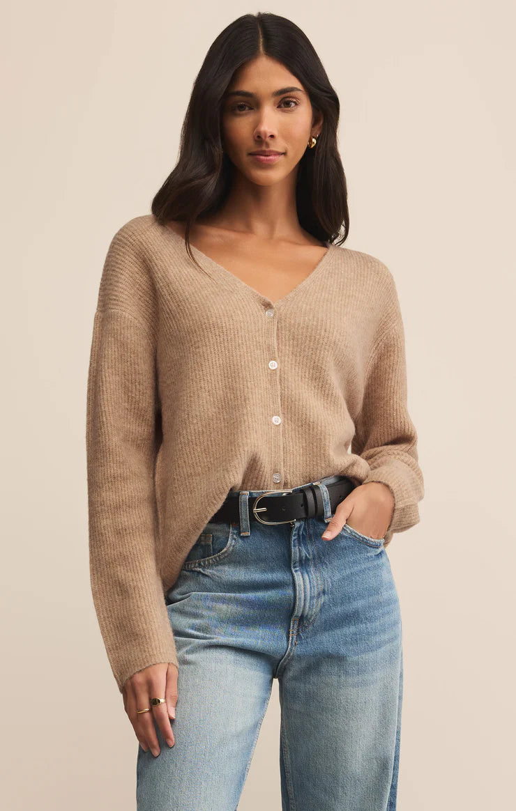 Women’s v-neck button front cardigan with textured knit and midweight drape