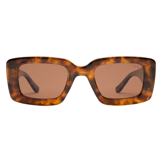 Sunglasses with tortoiseshell frame and brown lenses on a white background