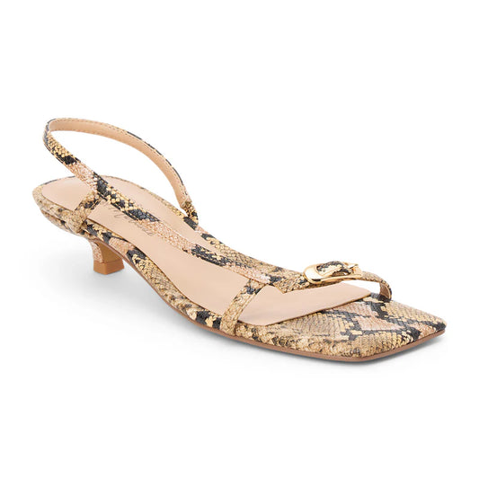 Snake print sandal with a thin strap on a white background