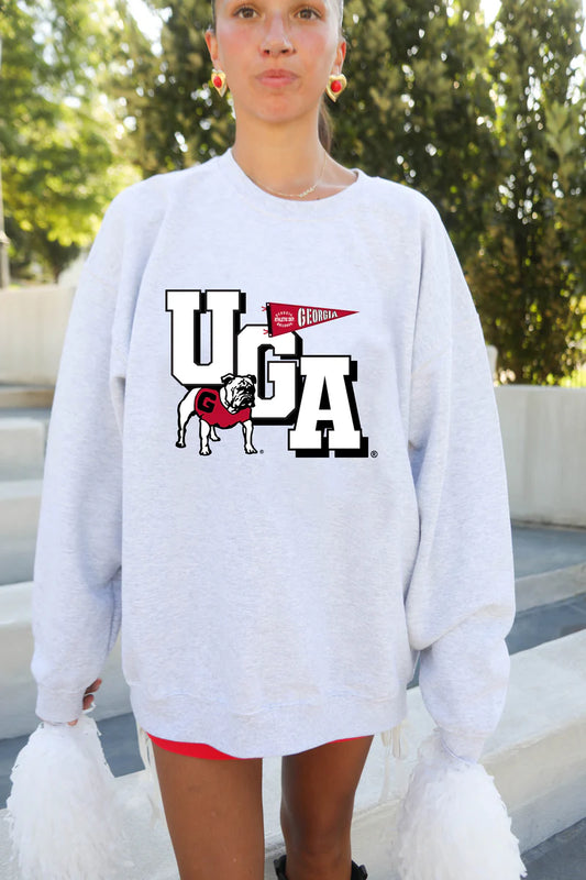 Model wearing ash-grey GA Pennant Sweatshirt with vintage UGA pennant and bulldog graphic.