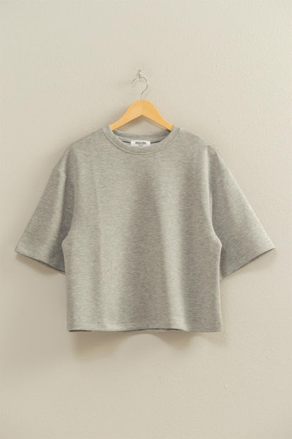Cloudstate Knit Top in heather grey with crew neckline, drop shoulders, and short sleeves