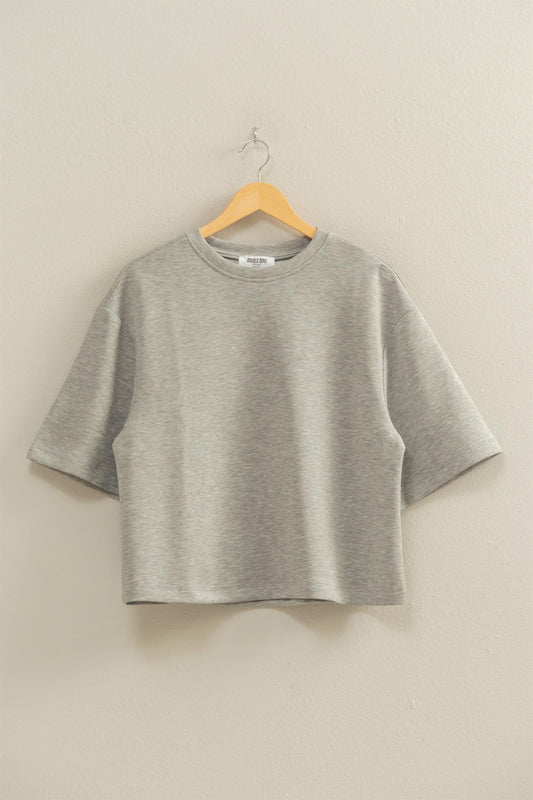 Cloudstate Knit Top in heather grey with crew neckline, drop shoulders, and short sleeves