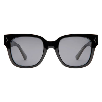 Black sunglasses with gray lenses on a white background
