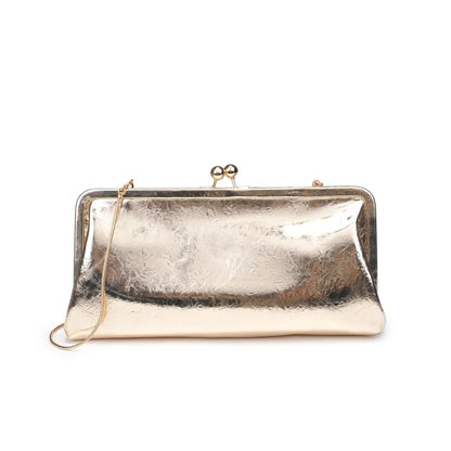 gold vegan leather clutch with kiss-lock closure and chain strap