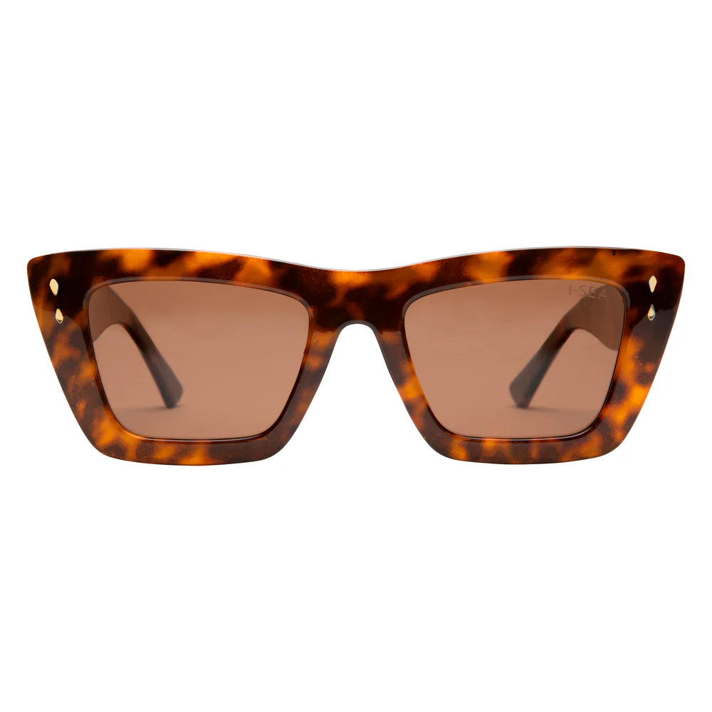 Tortoiseshell sunglasses with brown lenses on a white background