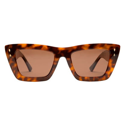 Tortoiseshell sunglasses with brown lenses on a white background