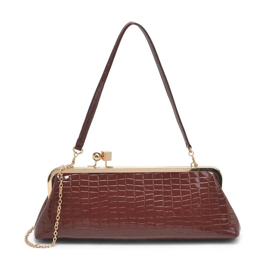 chocolate brown croc-embossed vegan leather clutch with gold hardware and chain strap