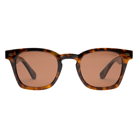 Sunglasses with tortoiseshell frame and brown lenses on a white background