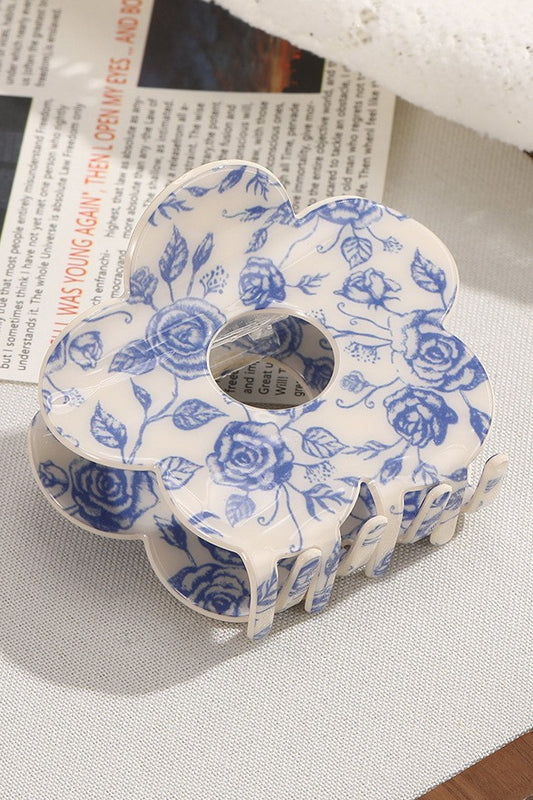 Jumbo flower shaped hair claw clip with blue floral porcelain inspired pattern