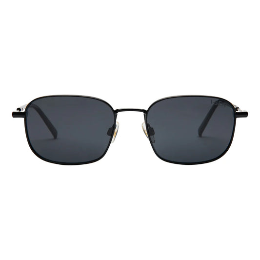 Black sunglasses with dark lenses on a white background