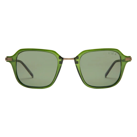 Green sunglasses with a white background