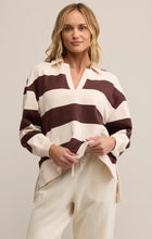 Load image into Gallery viewer, Rugby striped brushed fleece henley pullover with collar and relaxed fit