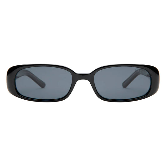 Black sunglasses with dark lenses on a white background