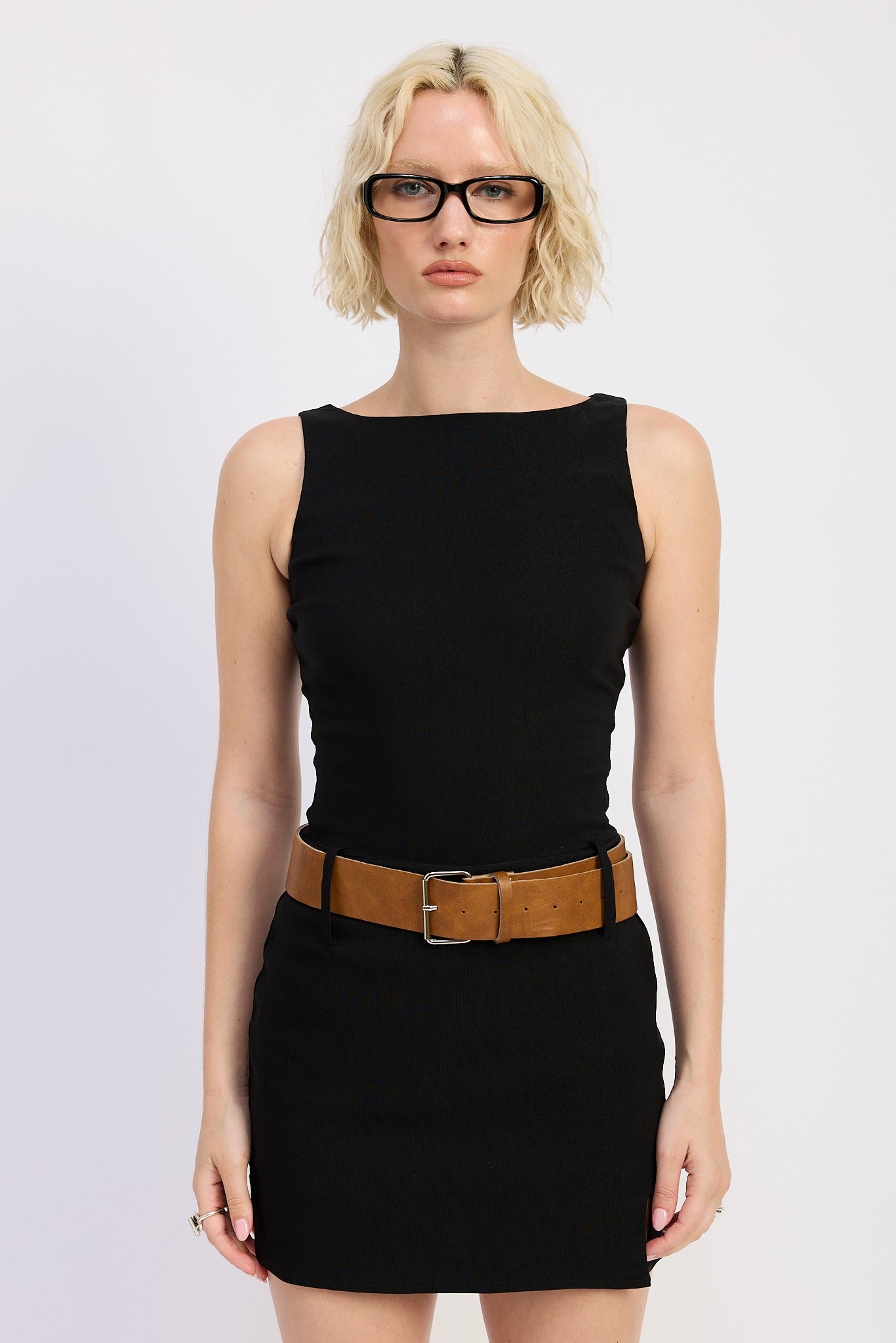 Model wearing Silver Lining Belted Dress in black with chunky belt