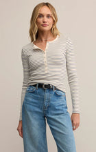 Load image into Gallery viewer, Women’s fitted striped modal rib henley top with snap-front neckline