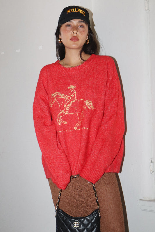 Person wearing a red sweater with a horse graphic and a black cap, standing against a plain background.