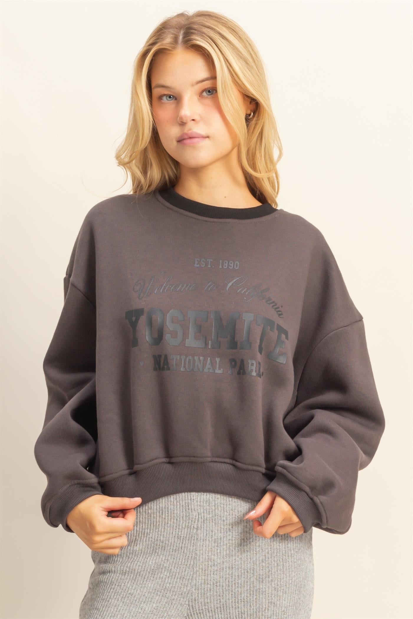 Model wearing Yosemite Vintage Crewneck in charcoal with Yosemite National Park graphic and oversized fit