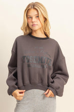 Load image into Gallery viewer, Model wearing Yosemite Vintage Crewneck in charcoal with Yosemite National Park graphic and oversized fit