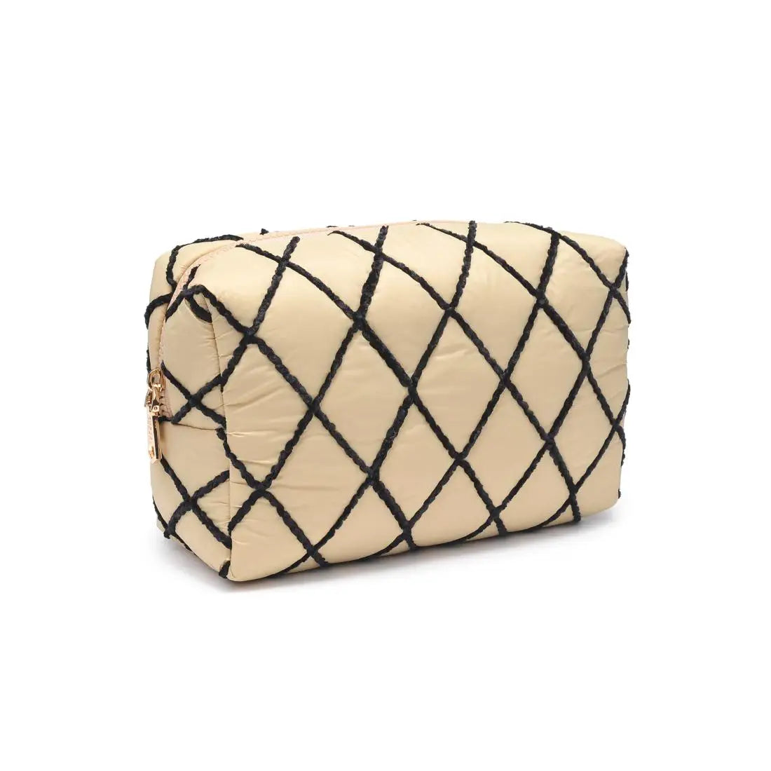 Beige pouch with black geometric pattern on a white background