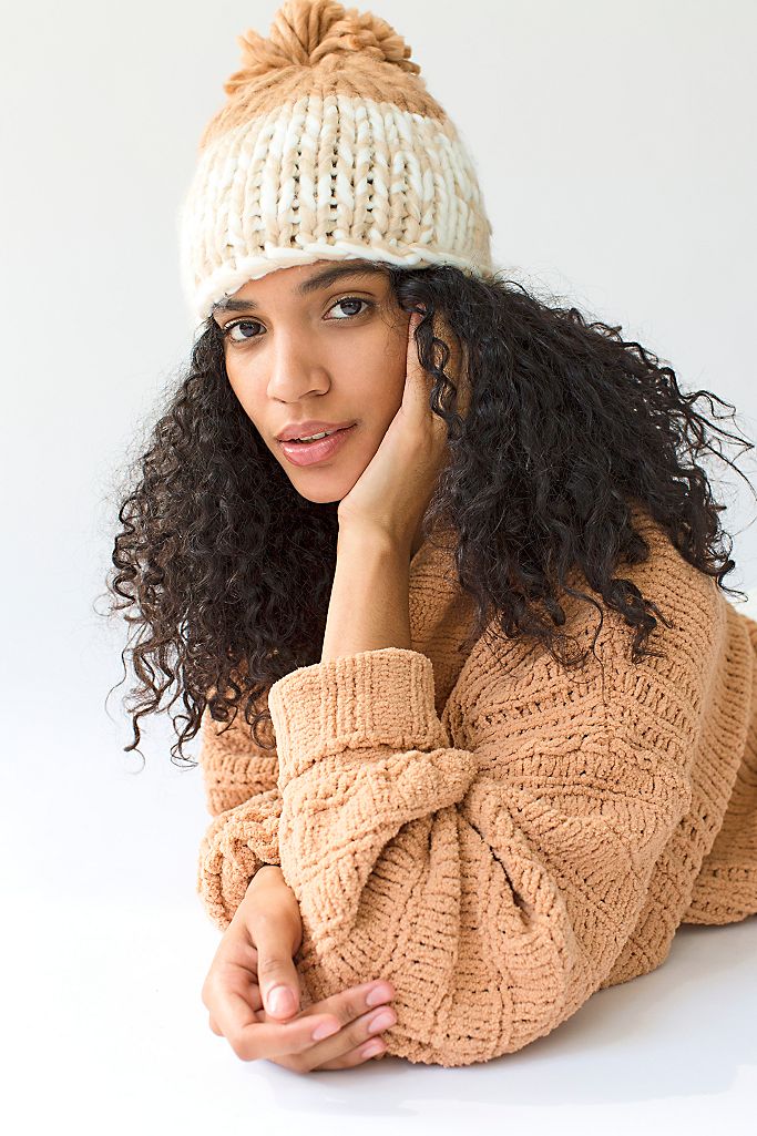 Cozy Up Color Block Pom Beanie Camel