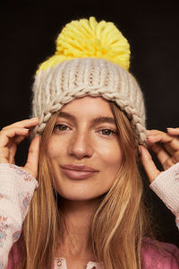 Cozy Up Color Block Pom Beanie Grey/Yellow